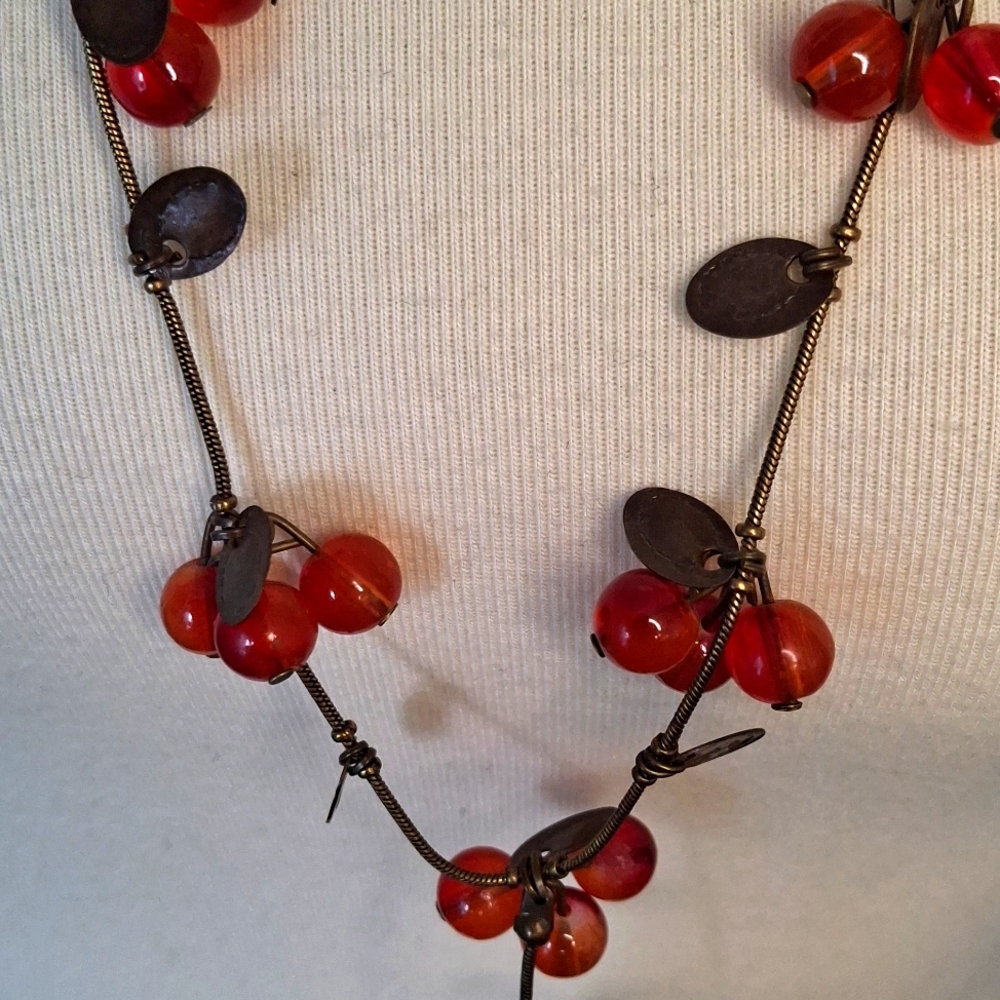 Handmade, Cherry, Beaded Necklace and Earring Set
